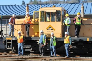 L-R (ground) - Lane, Glen, Allan, Bill; (loco) Lloyd, Mark, James (in cab) Alan and Ralph. About 570 years of experience depicted. — with Lane Plotner, Mark Seibert, James Mckinley, Allan Preece and Ralph Grutzmacher.